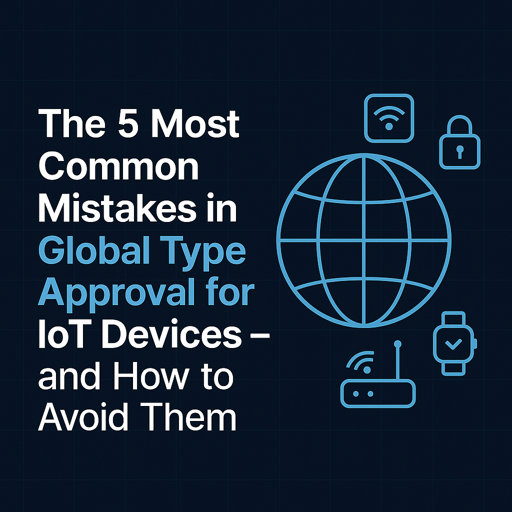 Infographic titled 'The 5 Most Common Mistakes in Global Type Approval for IoT Devices' with icons representing IoT technology, compliance, and connectivity.